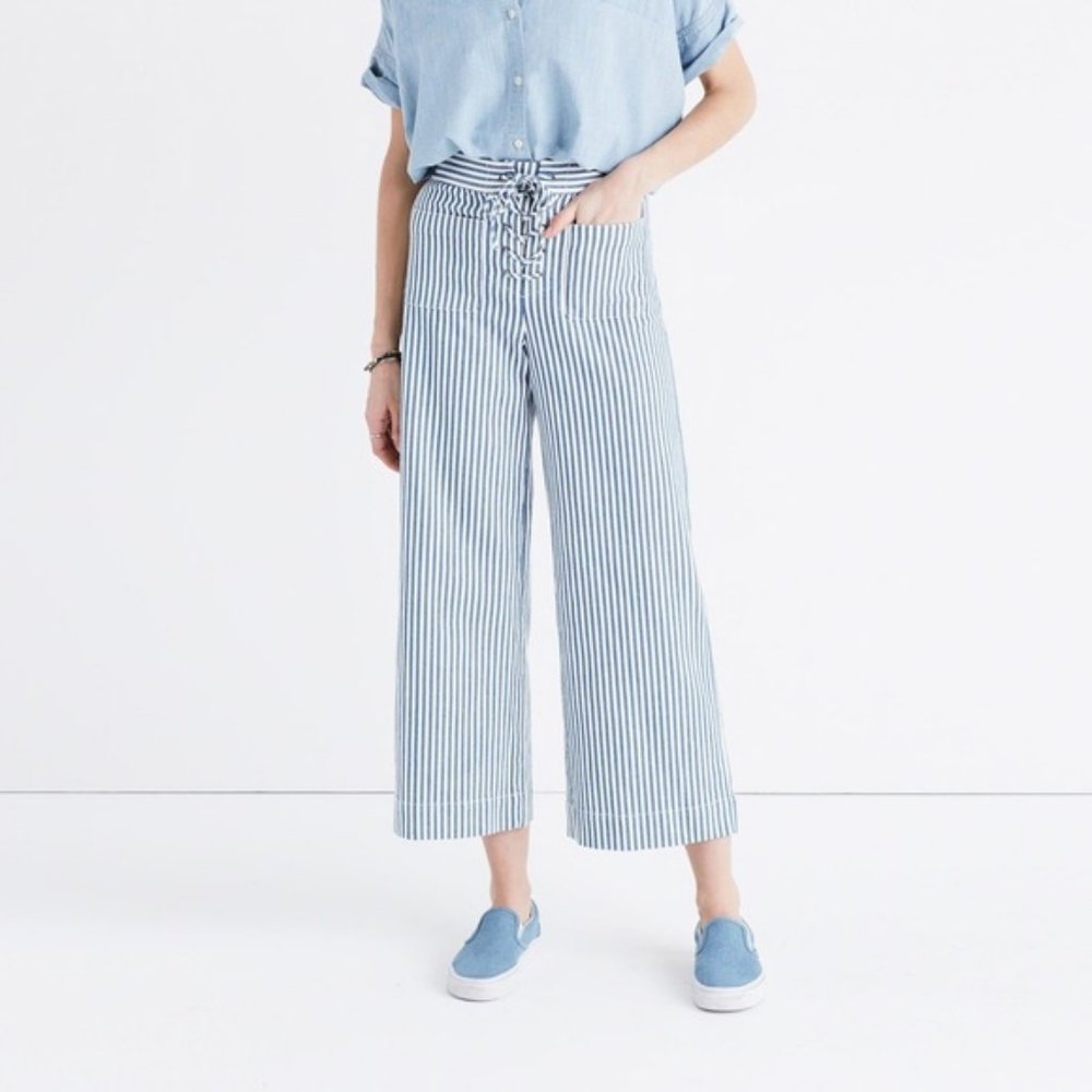 Madewell High Rise Wide Leg Cropped Pants Lace Up Striped Blue White Size 0 - Picture 1 of 6